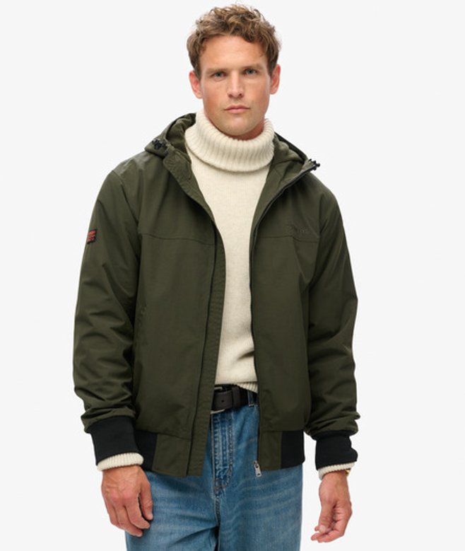 Superdry Men’s Mens Classic Embroidered Logo Surplus Nylon Hooded Bomber Jacket, Green Superdry Men’s Mens Classic Embroidered Logo Surplus Nylon Hooded Bomber Jacket, Green