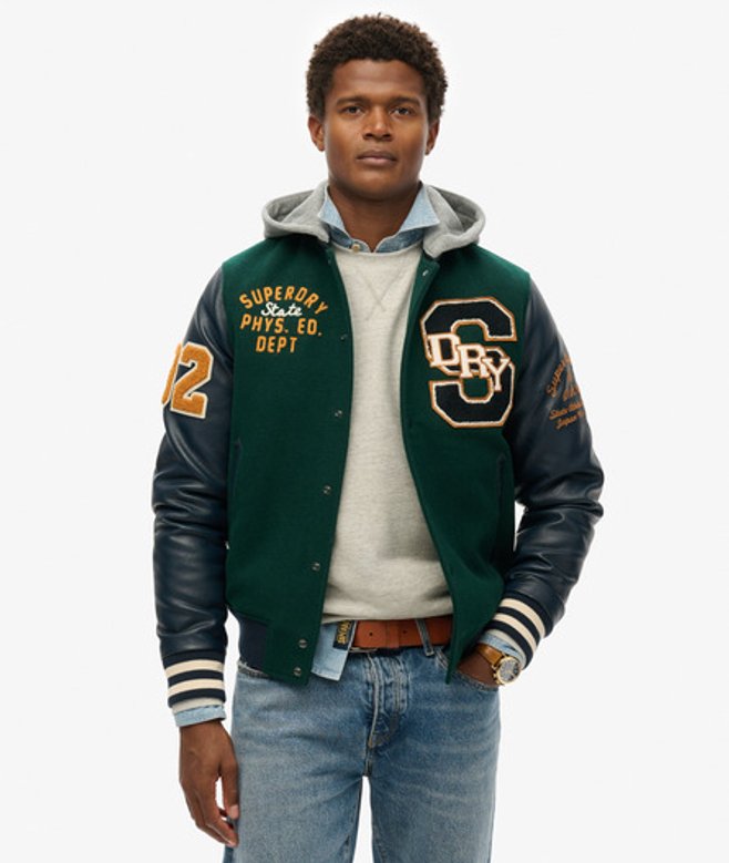 Superdry Men’s Hooded College Patched Bomber Jacket Green Superdry Men’s Hooded College Patched Bomber Jacket Green