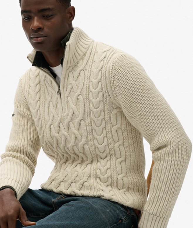 Superdry Men’s Jacob Cable Knit Half Zip Jumper Cream Superdry Men’s Jacob Cable Knit Half Zip Jumper Cream