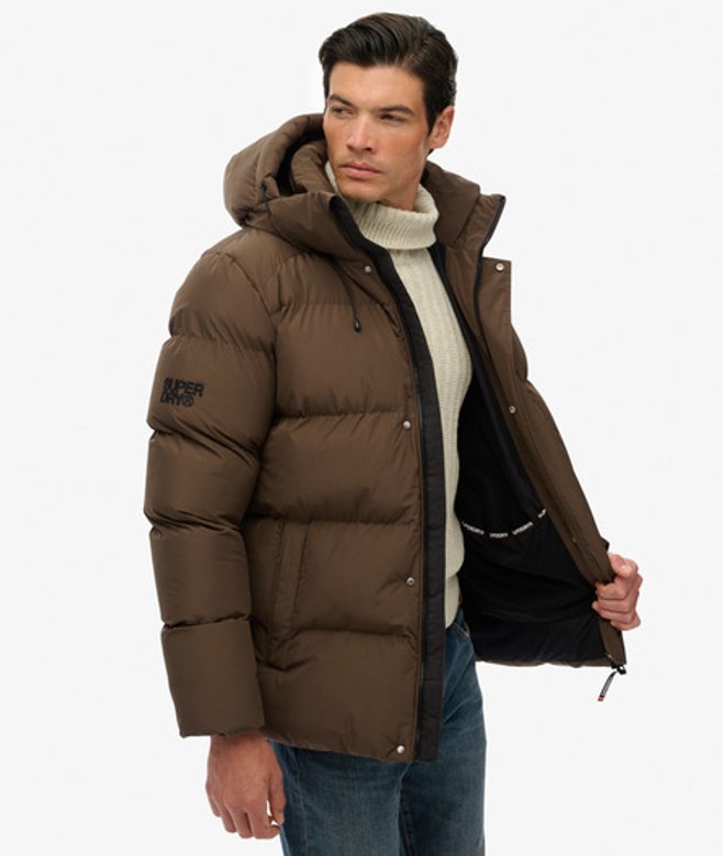 Superdry Men’s Hooded Mid Length Sports Puffer Jacket Brown Superdry Men’s Hooded Mid Length Sports Puffer Jacket Brown