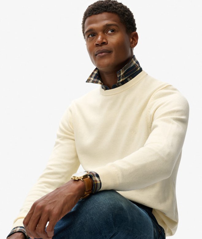 Superdry Men’s Essentials Cotton Jumper Cream Superdry Men’s Essentials Cotton Jumper Cream