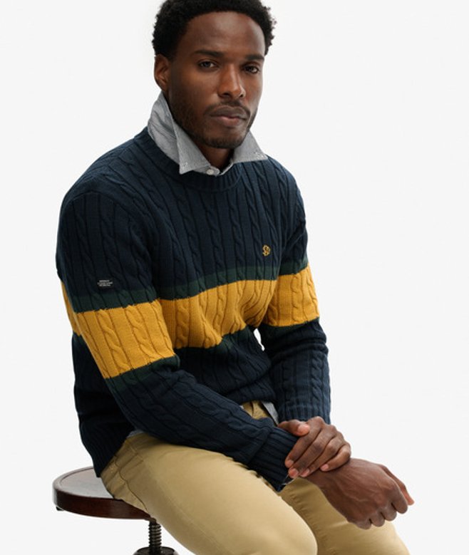 Superdry Men’s Cotton Stripe Cable Jumper Navy Superdry Men’s Cotton Stripe Cable Jumper Navy