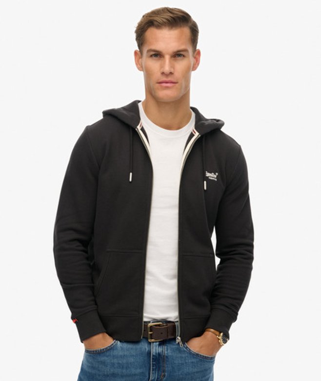 Superdry Men’s Essential Logo Zip Hoodie Half Brushed Black Superdry Men’s Essential Logo Zip Hoodie Half Brushed Black