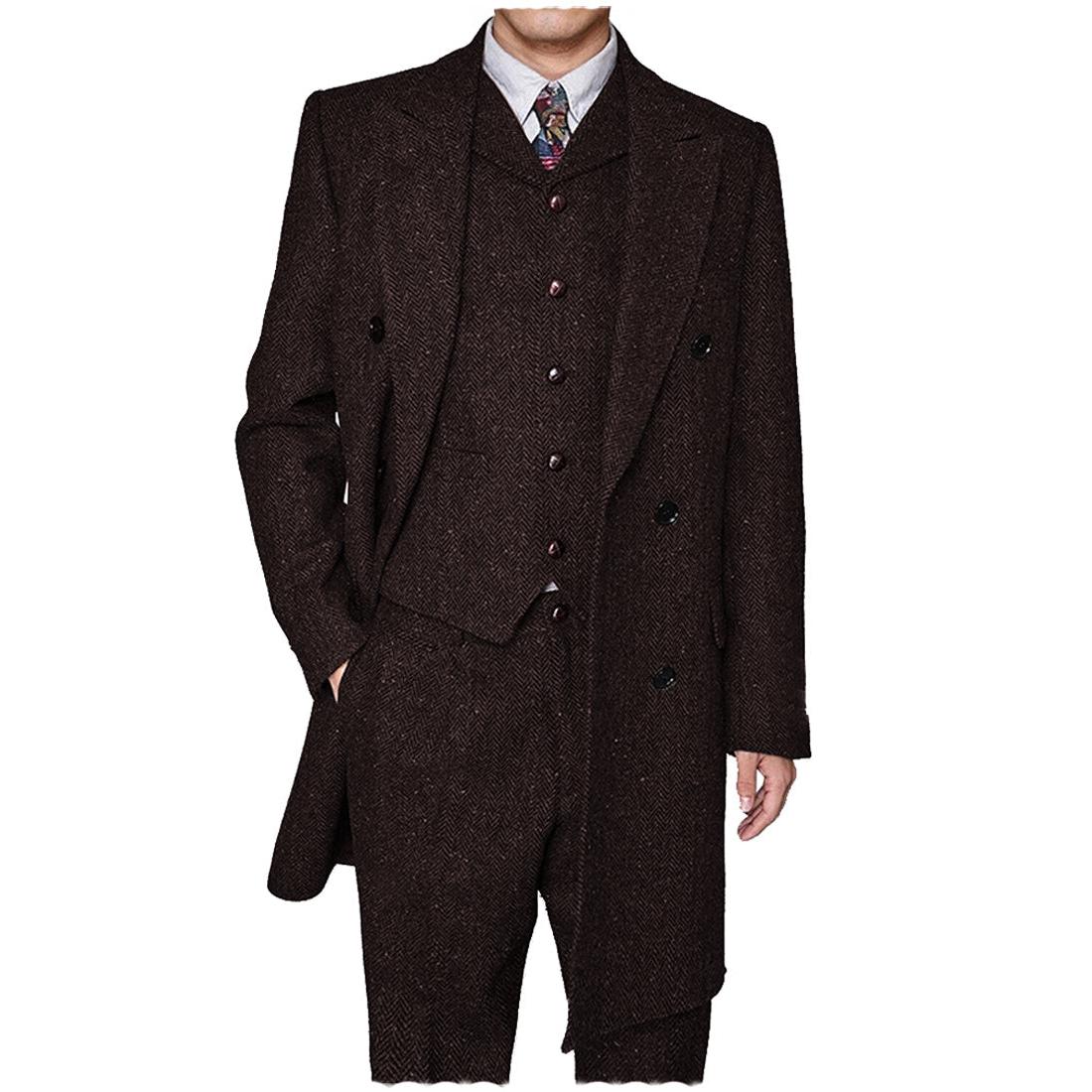 Menseventwear Vintage Classical Pieces Mens Suit Herringbone Tweed Peak Lapel Tuxedos Blazer+vest+Pants Menseventwear Vintage Classical Pieces Mens Suit Herringbone Tweed Peak Lapel Tuxedos Blazer+vest+Pants