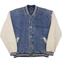 BASIC EDITIONS Mens Blue & Cream Cotton Blend Bomber Jacket M Button Closure BASIC EDITIONS Mens Blue & Cream Cotton Blend Bomber Jacket M Button Closure