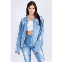 American Bazi Full Size Painted Back Distressed Denim Jacket American Bazi Full Size Painted Back Distressed Denim Jacket