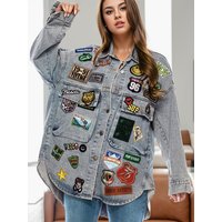 Embroidered Patch Button Up Long Sleeve Denim Jacket Embroidered Patch Button Up Long Sleeve Denim Jacket