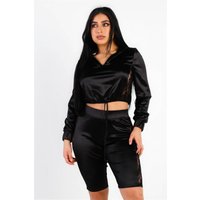 Satin Lace Details Long Sleeve Hooded Crop Top & Biker Short Set Satin Lace Details Long Sleeve Hooded Crop Top & Biker Short Set