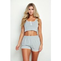 Casual French Terry Sleeveless Button Front Contrast Trim Cropped Tank Top And Shorts Set Casual French Terry Sleeveless Button Front Contrast Trim Cropped Tank Top And Shorts Set