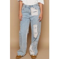 POL Contrast Patched Raw Hem Straight Jeans POL Contrast Patched Raw Hem Straight Jeans