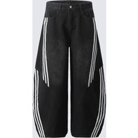 Contrast Striped Wide-Leg Denim Pants Striped Stitching Barrel Jeans