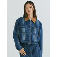 Corduroy Collar Zipper Denim Jacket [Blue]