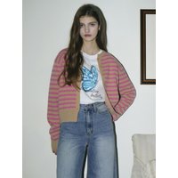 Cashmere Round Stripe Knit Cardigan Pink Cashmere Round Stripe Knit Cardigan Pink