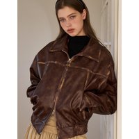 Washing Leather Bomber Jacket Brown AD Washing Leather Bomber Jacket Brown AD