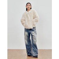 Collarless Shearling Jacket White Collarless Shearling Jacket White