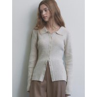 Open Collar Ribbed Merino Wool Cardigan [Light Brown]