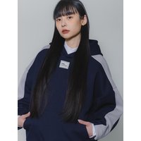 Contrast Sleeve Cropped Double-knit Hoodie [Navy]