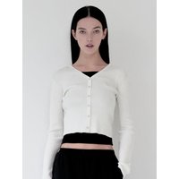 Plain V-Neck Slim Ribbed Cardigan [beige]