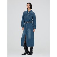 Collar Long Denim Shirt-Style dress [Indigo]