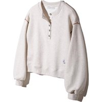 Henley Neck Semi-Crop Satin-Embroidered Sweatshirt [Light Brown] BK
