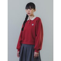 Contrast Collar Semi-Crop Cotton-Polyester Sweatshirt [Wine] BK