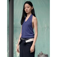 Halter Neck Linen Blend Slim Fit Vest [Melange Dark Blue] KMR