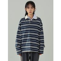 ZEMORE Striped Collar Long Sleeve Rugby Pique Overfit Casual shirt DDT ZEMORE Striped Collar Long Sleeve Rugby Pique Overfit Casual shirt DDT