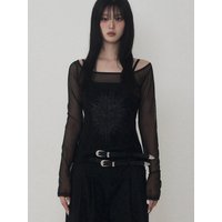 Heart Logo Layered See-Through Shirt [Black]