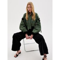 Zipper Cropped Bishop Sleeve MA- Flight Bomber Jacket [Khaki]