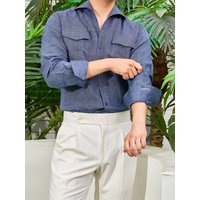 Italian Collar Linen Shirt Deep Blue