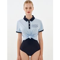 Vegan Printed Two Tone Polo Shirt _ Sky + Navy Vegan Printed Two Tone Polo Shirt _ Sky + Navy