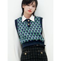 Geometric Jacquard Cropped Sweater Vest Green