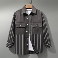 New retro Hong Kong style lapel striped patchwork Japanese long sleeved denim shirt for men, loose fit casual lining clothing for men New retro Hong Kong style lapel striped patchwork Japanese long sleeved denim shirt for men, loose fit casual lining clothing for men