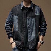 Vintage Washed Denim Shirt For Men, Distressed Long Sleeve Casual Jacket With Color Blocking, Loose Fit Retro Overshirt For Spring & Fall Vintage Washed Denim Shirt For Men, Distressed Long Sleeve Casual Jacket With Color Blocking, Loose Fit Retro Overshirt For Spring & Fall