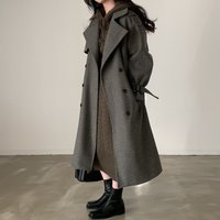 Chic Korean Winter Coat French-Inspired Long Wool Blend Trench With Double-Breasted Belt, Oversized Lapel & Thick Warm Fabric Chic Korean Winter Coat French-Inspired Long Wool Blend Trench With Double-Breasted Belt, Oversized Lapel & Thick Warm Fabric