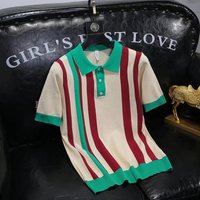 Men’s Clothing retro men’s fashion lapel pullover knitted polo shirt spring and summer striped color matching ice silk short sleeved T shirt Men’s Clothing retro men’s fashion lapel pullover knitted polo shirt spring and summer striped color matching ice silk short sleeved T shirt