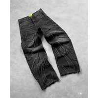 Yk Retro Black Baggy Jeans for Men Hip Hop Punk Raw Edge Embroidery Vintage Pattern Patchwork High Waisted Denim Pants
