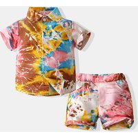 Mother & Kids European and American style boy gentleman tie-dye suit summer short-sleeved colorful shirt Hawaiian beach style shorts suit Mother & Kids European and American style boy gentleman tie-dye suit summer short-sleeved colorful shirt Hawaiian beach style shorts suit