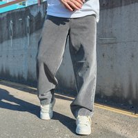 ​​Vintage Washed Grey Jeans For Men Loose Straight Leg Distressed Denim With Wide Hem -X​​