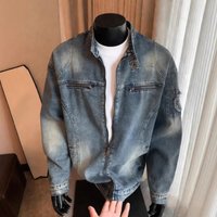 Men’s Loose Fit Distressed Denim Jacket American High Street Style Casual Zip up Motorcycle Jacket Spring Washed