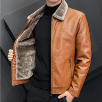 Winter Fashion Warmth Thickened Leather Jacket Lapel Solid Zipper Design Plus Size Men’s Leather Jacket Bomber Fleece Coat
