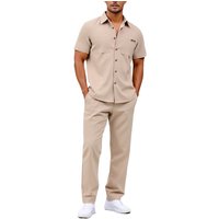 Men’s Textured Checkered Short-Sleeve Shirt & Trousers Set Summer Casual Two-Piece Outfit With Lapel Collar S-X​
