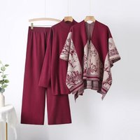 Fashion -Piece Set: Shawl Cardigan + Oversized Sweater + Wide Leg Pants Elegant Office & Casual Outfit, Wrinkle-Free Polyester, Plus Size Friendly