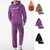 Men’s Fleece Loungewear Set Cozy Coral Fleece Hoodie & Joggers With Embroidery S-X, BlackPurpleKhaki, Ultra-Soft & Warm​