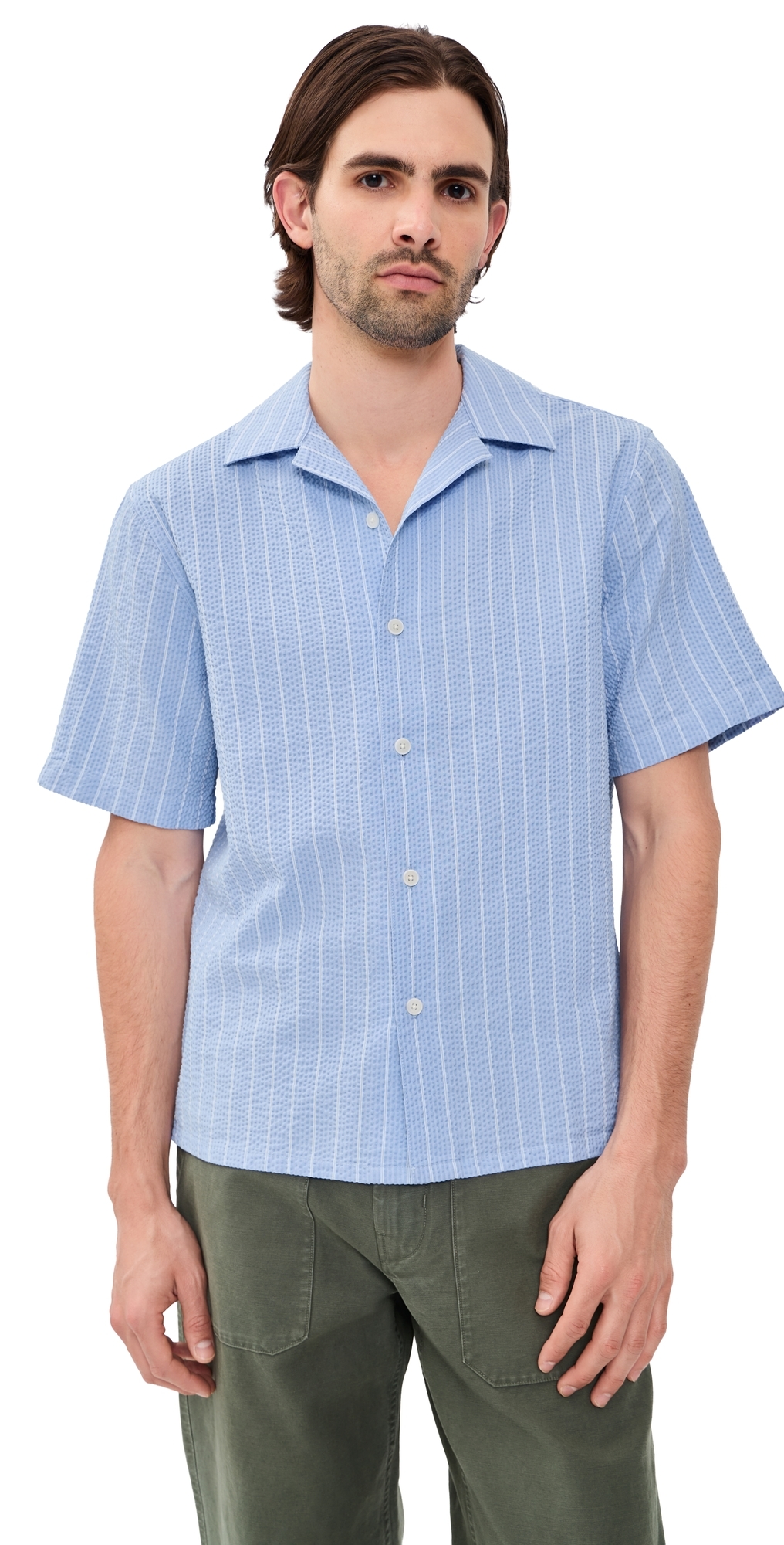 Wax London Seersucker Stripe Didcot Shirt BlueEcru Wax London Seersucker Stripe Didcot Shirt BlueEcru