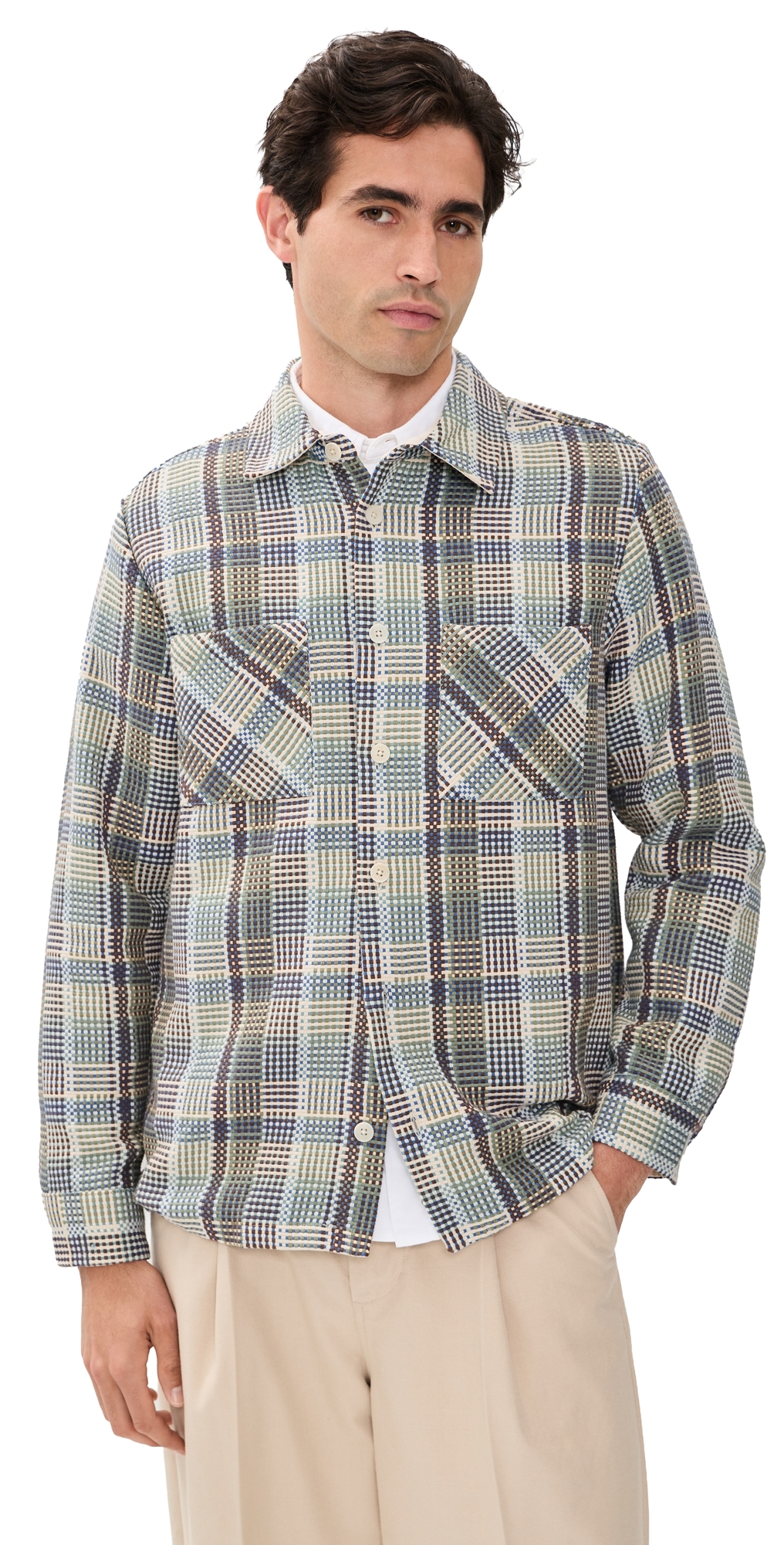 Wax London Whiting Basket Weave Overshirt BlueGreen Wax London Whiting Basket Weave Overshirt BlueGreen