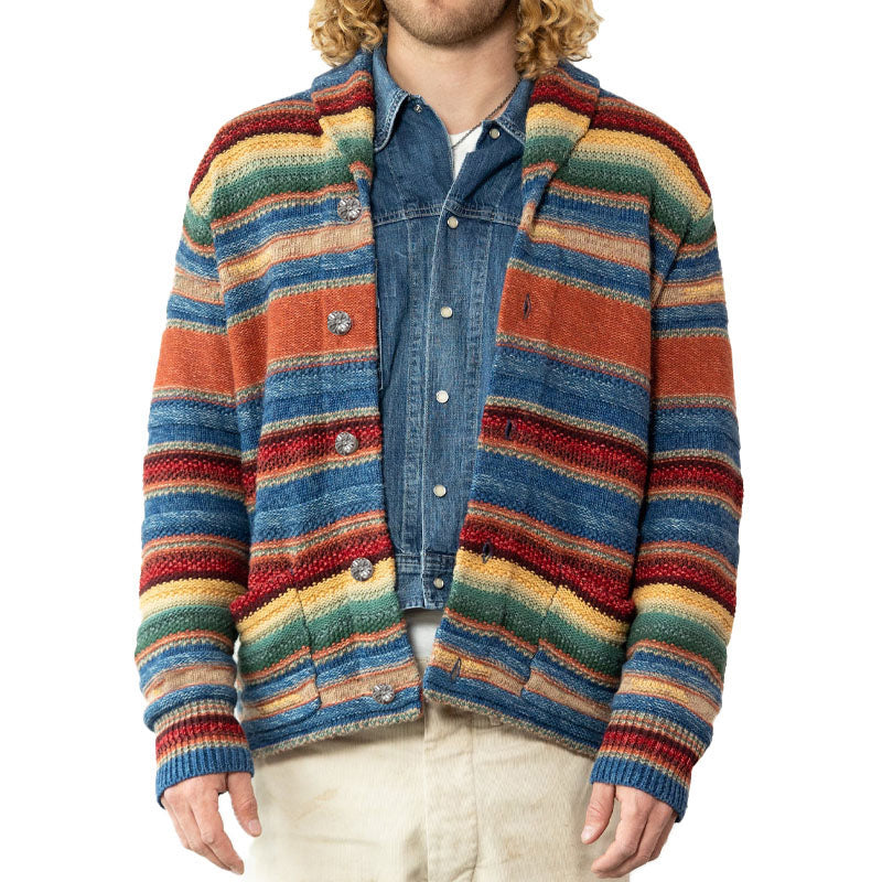 Men’s Vintage Rainbow Colorblock Jacquard Lapel Cardigan Y Men’s Vintage Rainbow Colorblock Jacquard Lapel Cardigan Y
