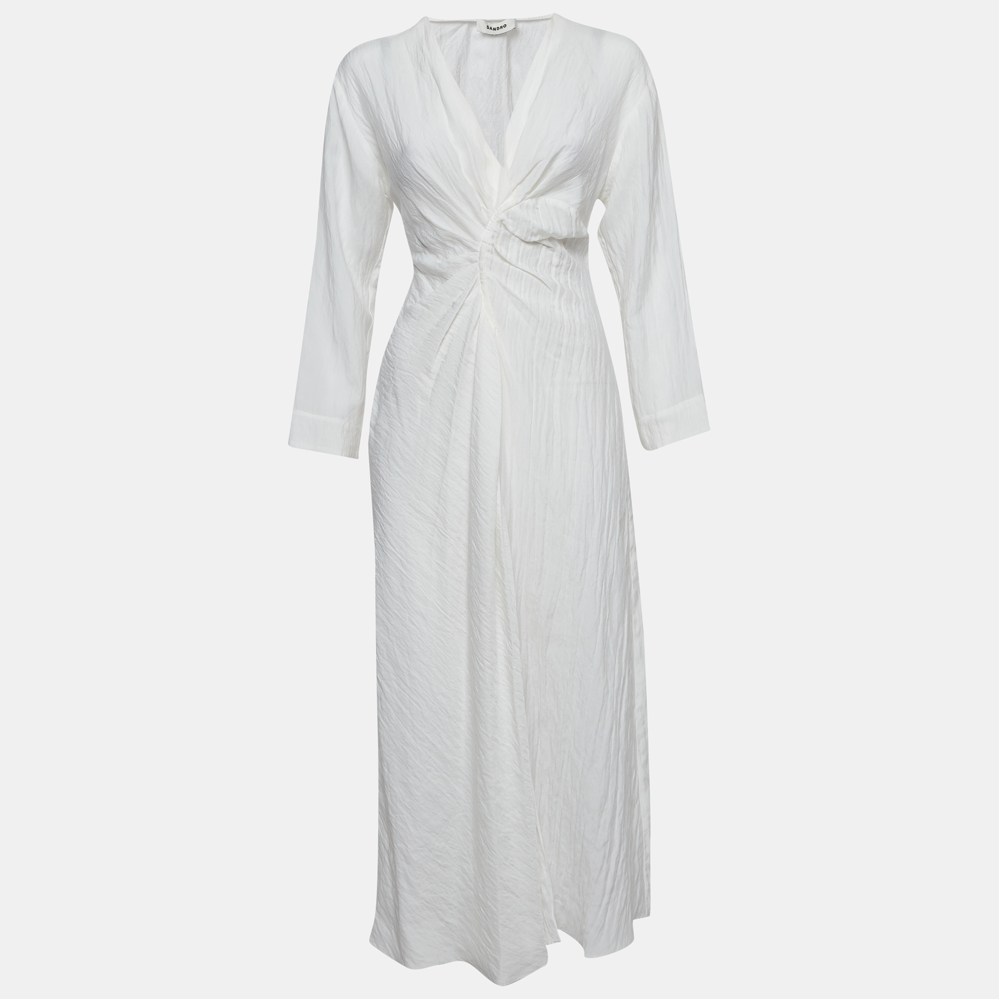 Sandro White Crinkled Satin Ruched Midi Dress Sandro White Crinkled Satin Ruched Midi Dress